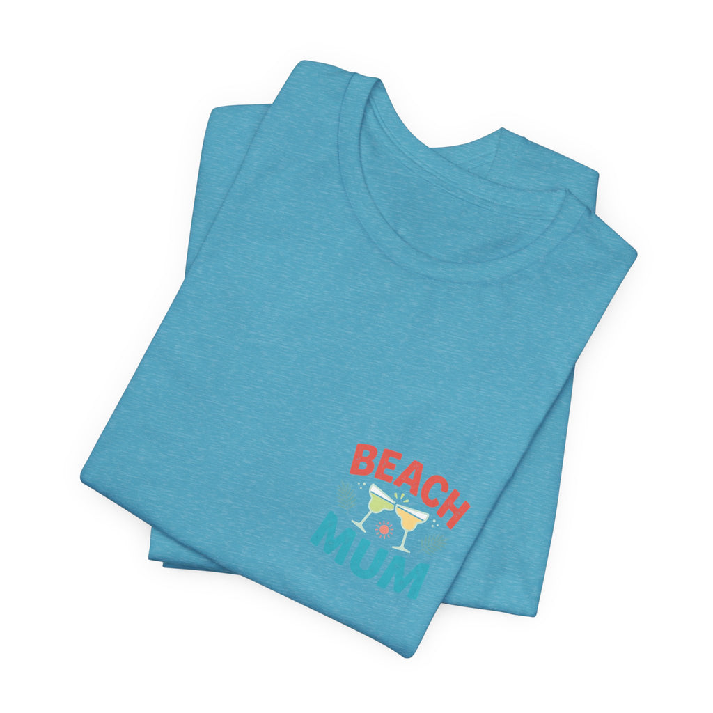 Stack of blue t-shirts with 'Beach Mum' text on a white background