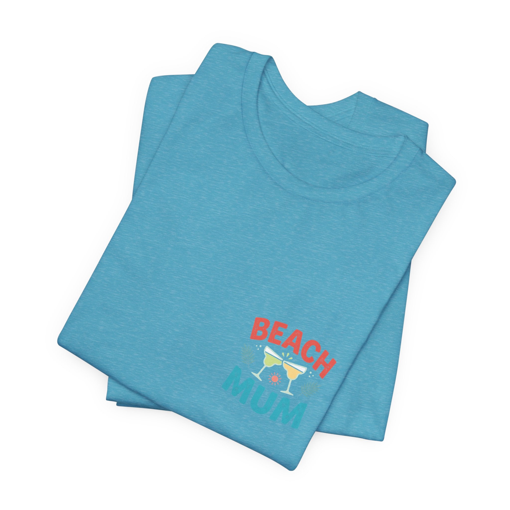 Stack of blue t-shirts with 'Beach Mum' text on a white background